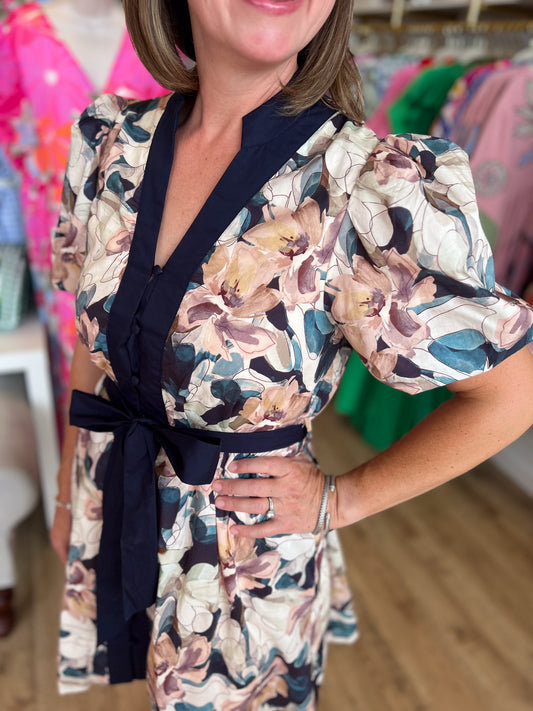 Fanciful Florals Navy Puff Sleeve Dress
