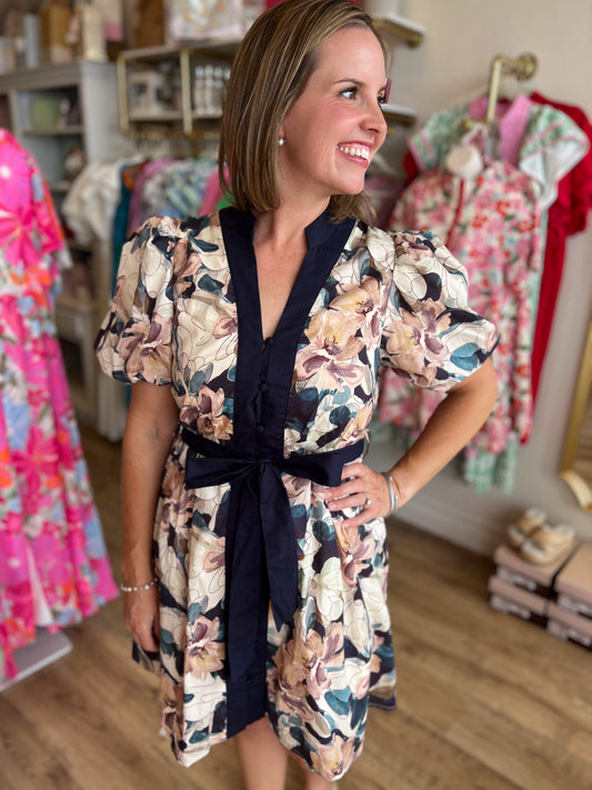 Fanciful Florals Navy Puff Sleeve Dress