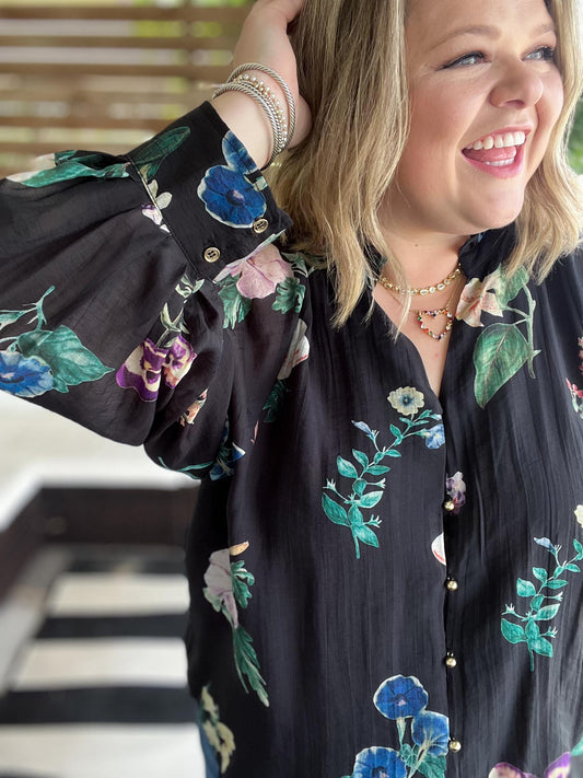 Flamenco Flair Curvy Black Floral Top