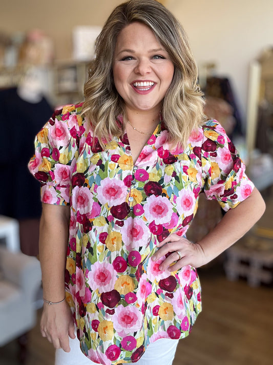 Floral Femininity Curvy Multicolor Floral Blouse