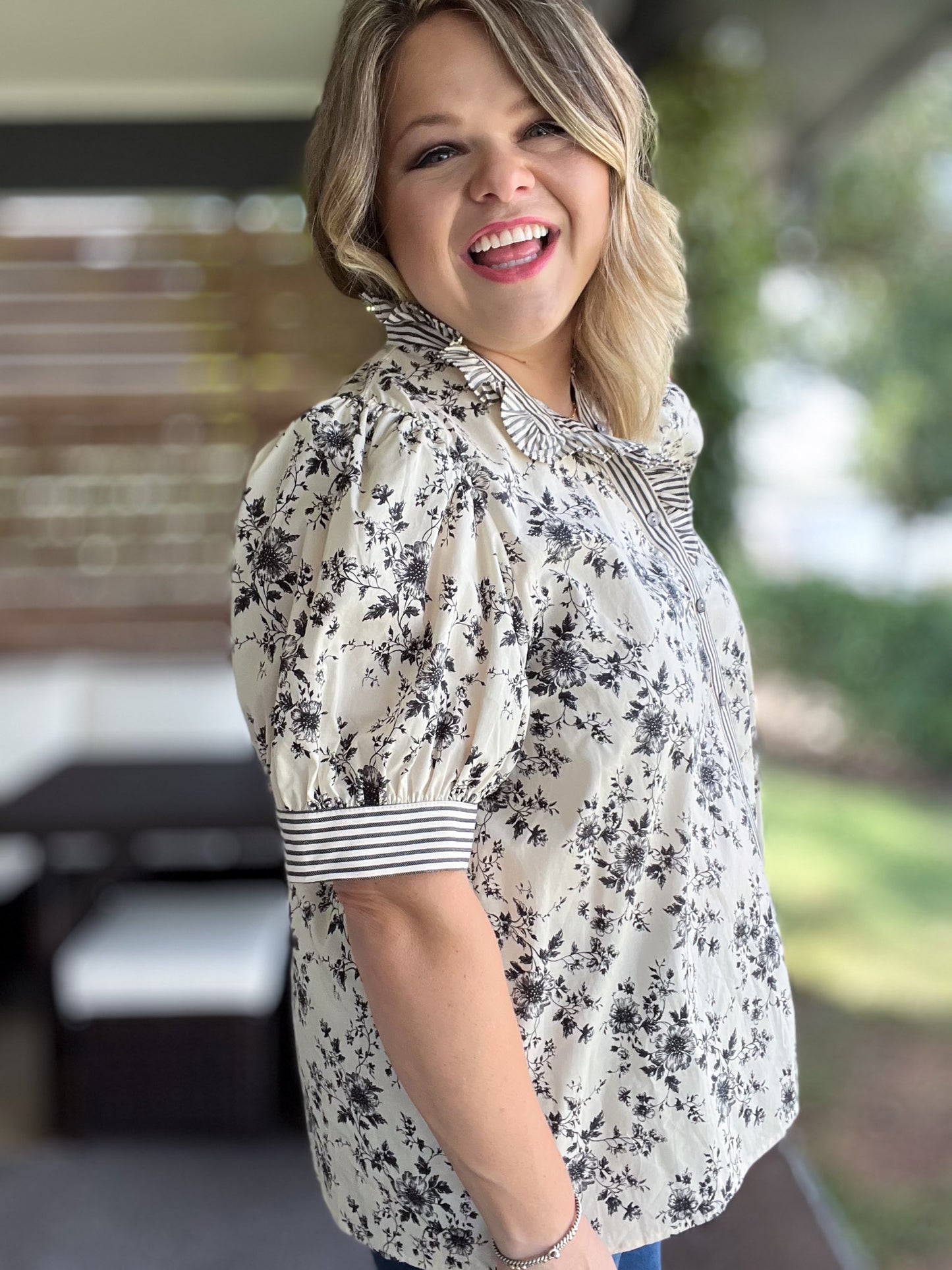 Floral Frenzy Curvy Black & White Floral Top