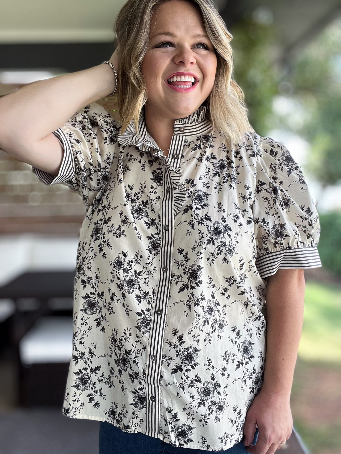 Floral Frenzy Curvy Black & White Floral Top