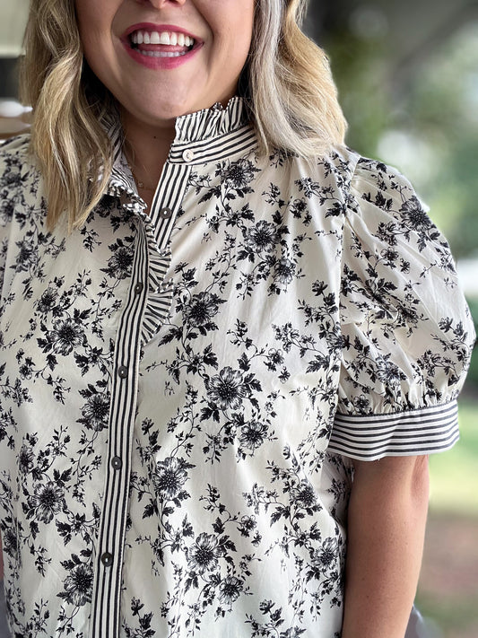RESTOCKED! Floral Frenzy Curvy Black & White Floral Top