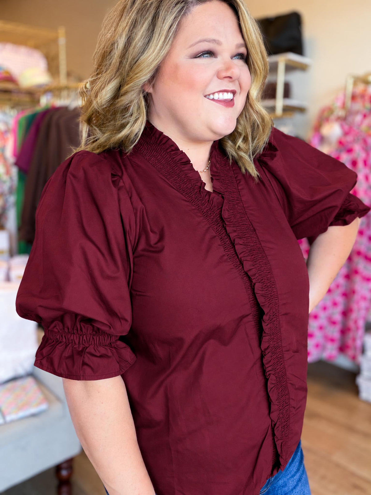 French Ribbon Curvy Wine Ruffled Top