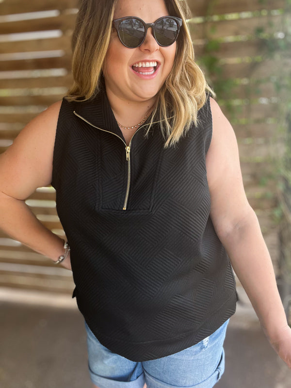 "Gal On-The-Go" Curvy Black Textured Half Zip Top