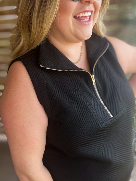 "Gal On-The-Go" Curvy Black Textured Half Zip Top