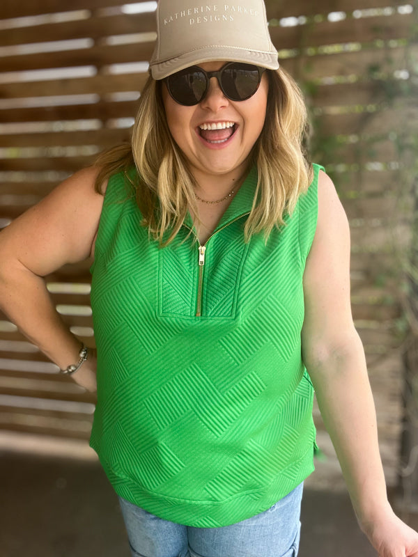 "Gal On-The-Go" Curvy Green Textured Half Zip Top