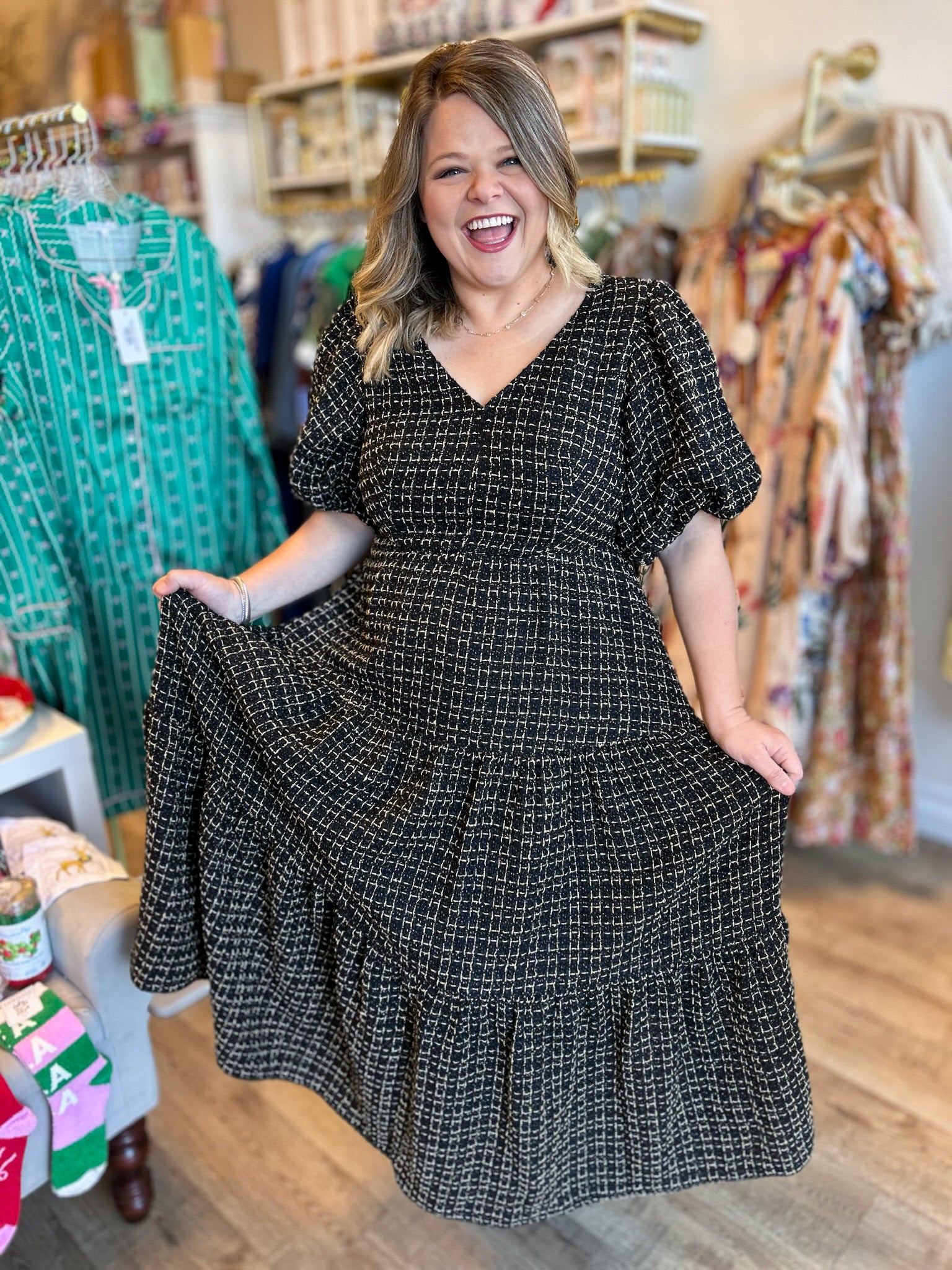 Gilded Eve Plus-Size Black & Gold Tweed Dress 1x