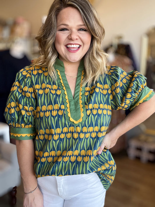 Golden Hour Curvy Green Tulip Top