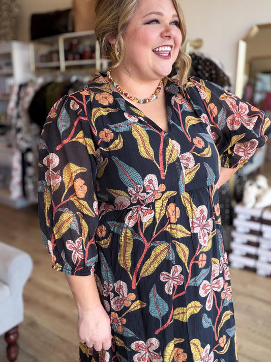 Harvest Blooms Curvy Black Floral Midi Dress