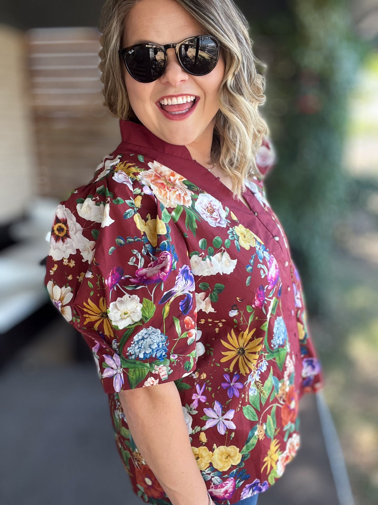 Harvest Blooms Curvy Merlot Floral Top