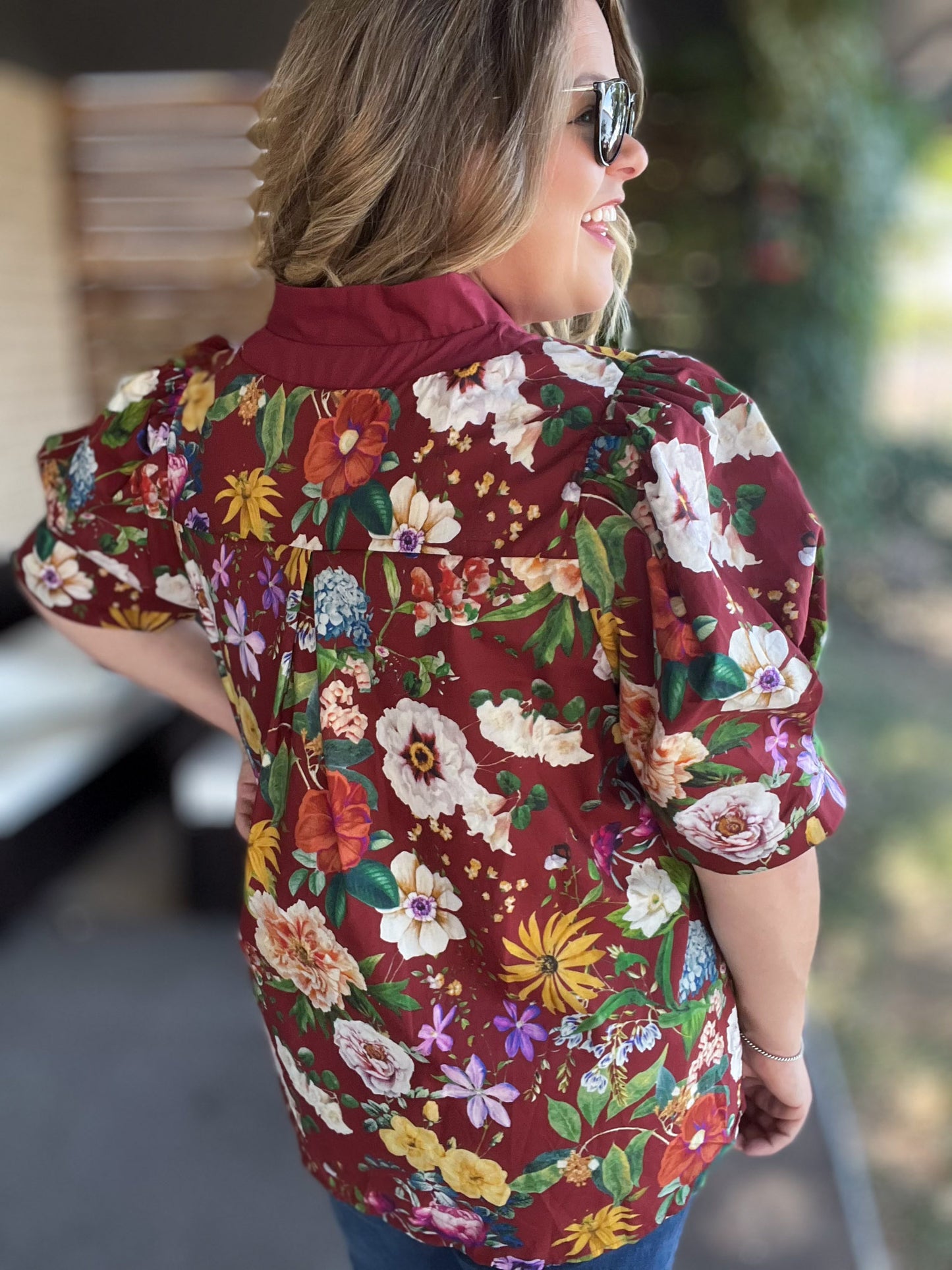 Harvest Blooms Curvy Merlot Floral Top