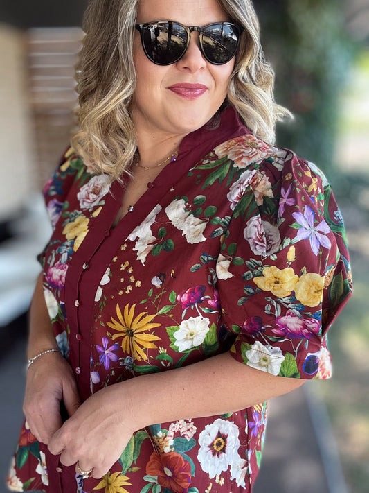 Harvest Blooms Curvy Merlot Floral Top