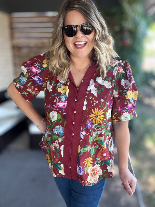 Harvest Blooms Curvy Merlot Floral Top