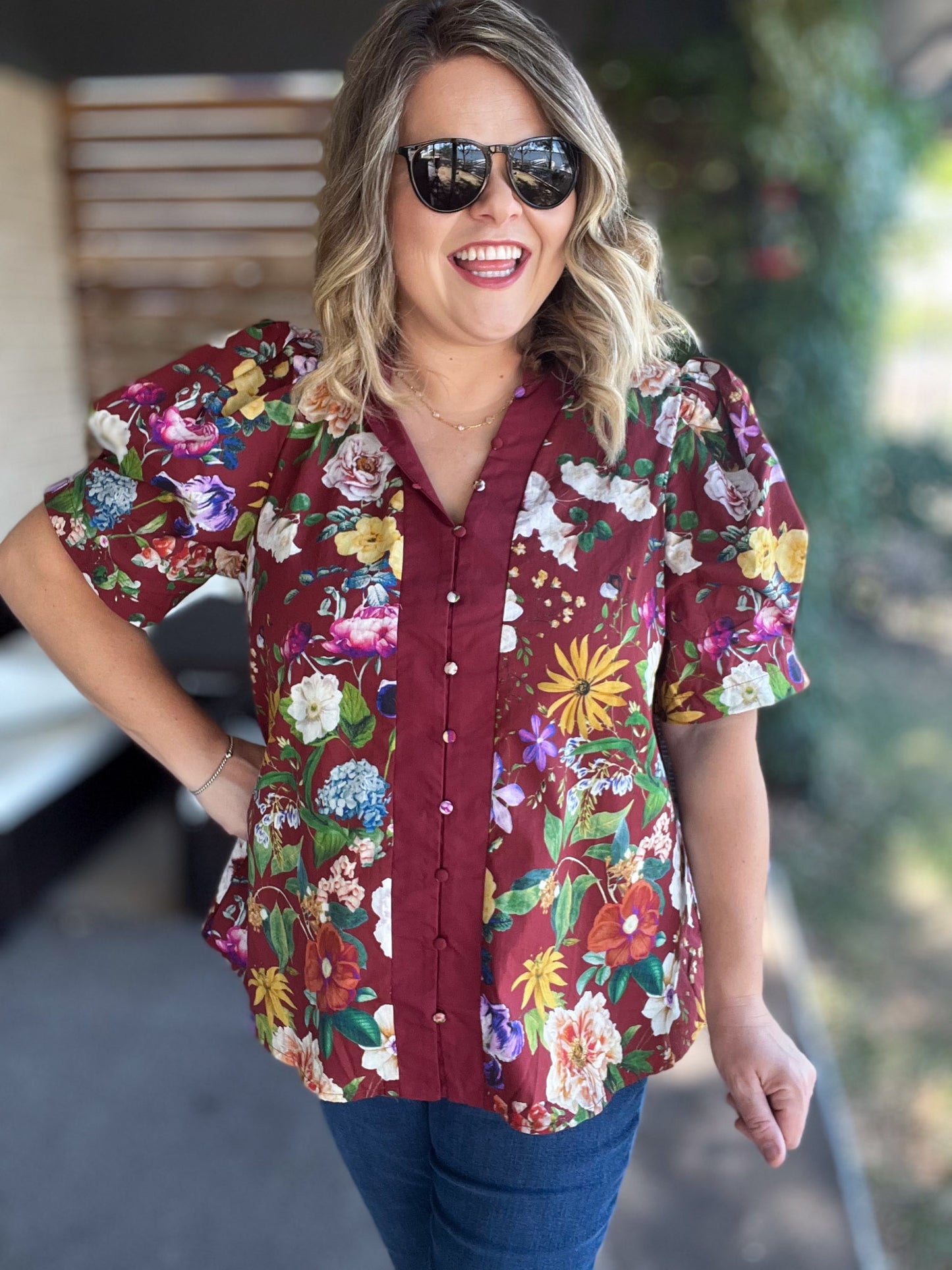 Harvest Blooms Curvy Merlot Floral Top