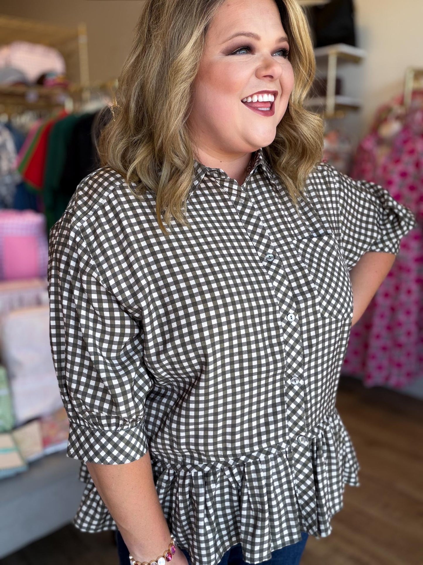 Harvest Check Curvy Olive Gingham Peplum Top