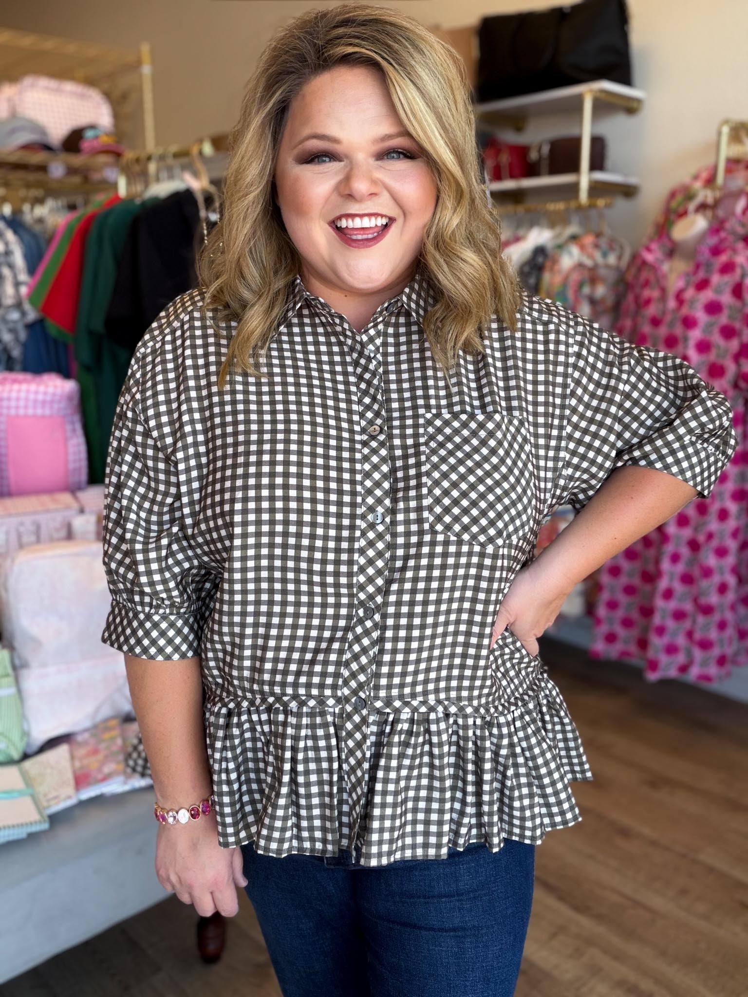 Harvest Check Curvy Olive Gingham Peplum Top – Katherine Parker