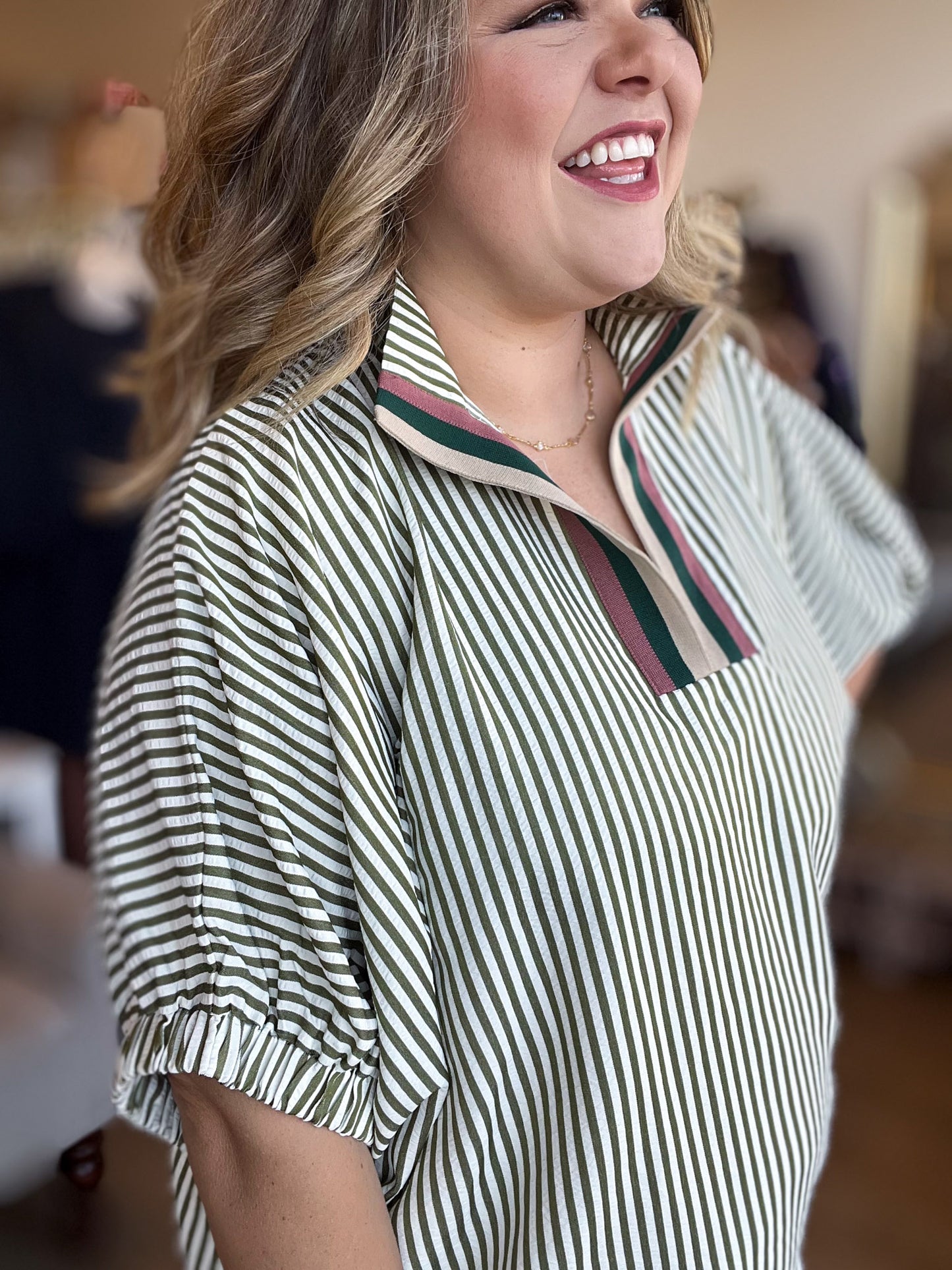 Herbal Rhythm Curvy Olive Stripe Dolman Top