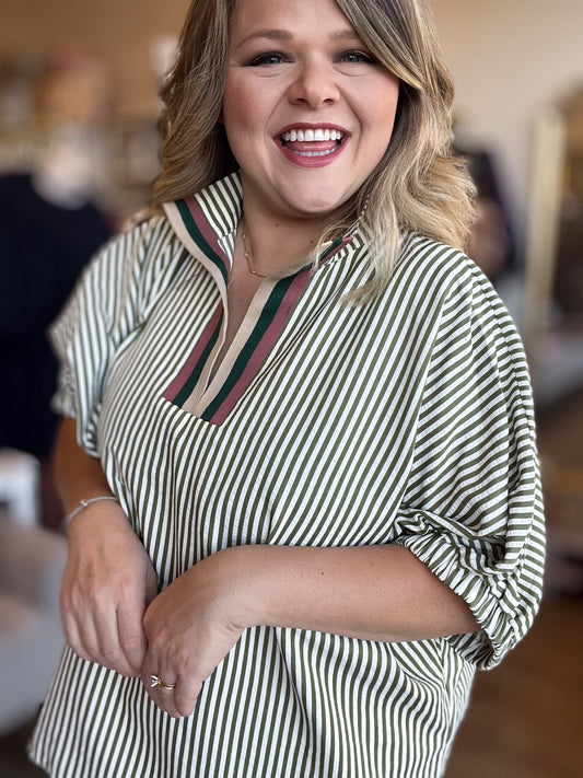 Herbal Rhythm Curvy Olive Stripe Dolman Top