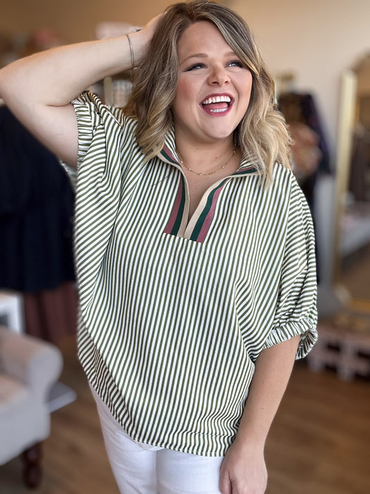 Herbal Rhythm Curvy Olive Stripe Dolman Top