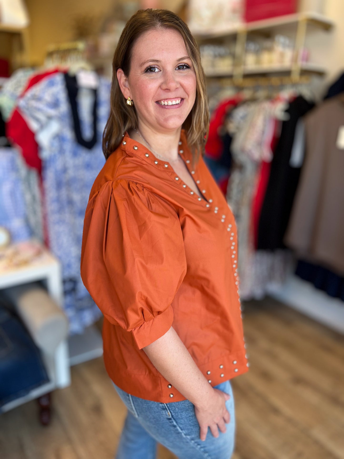 Hey there, Stud Curvy Copper Studded Shirt