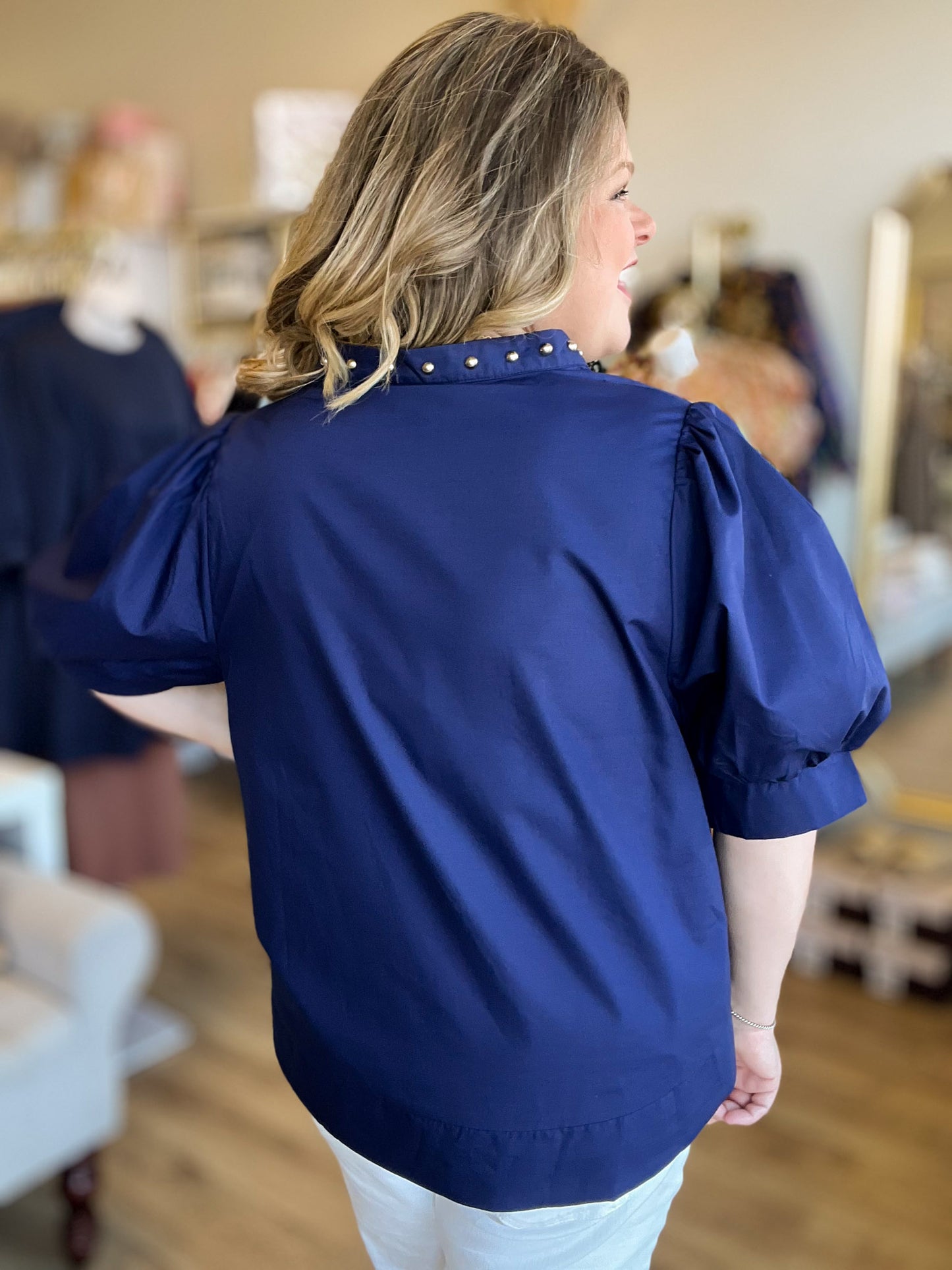 Hey there, Stud Curvy Navy Studded Shirt
