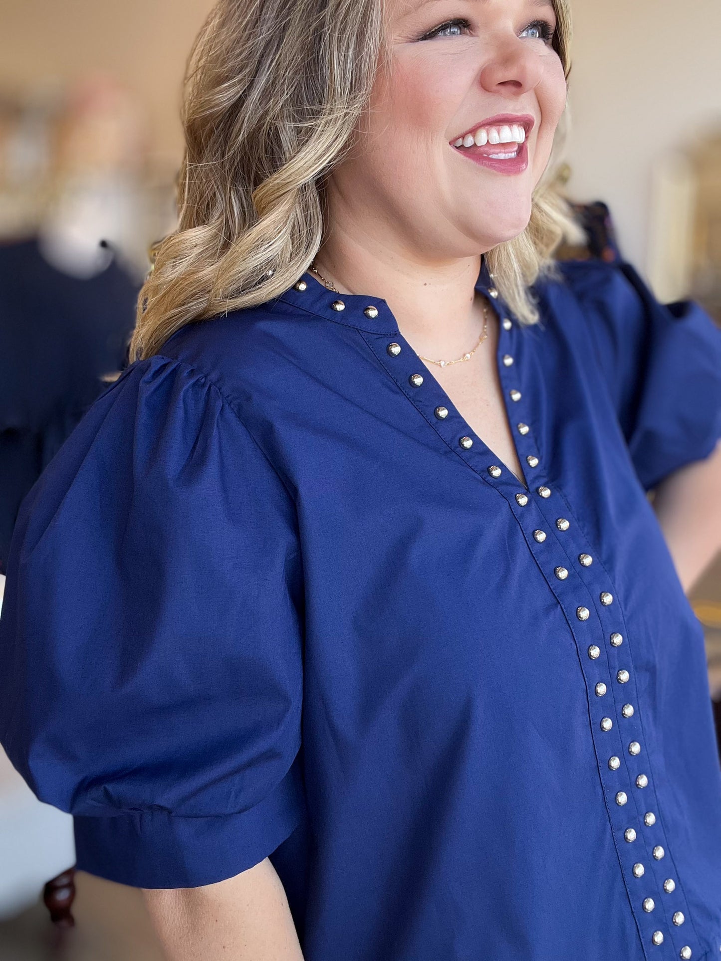 Hey there, Stud Curvy Navy Studded Shirt