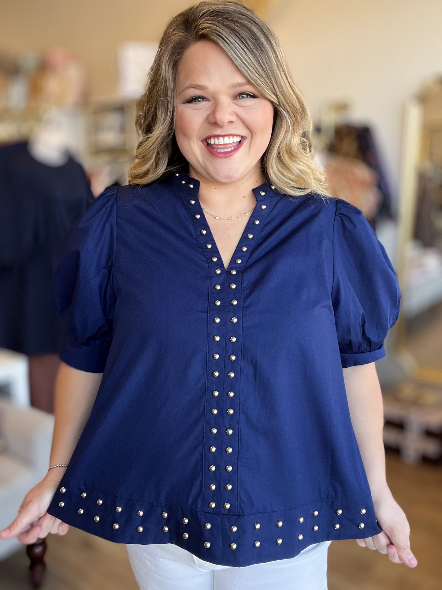 Hey there, Stud Curvy Navy Studded Shirt