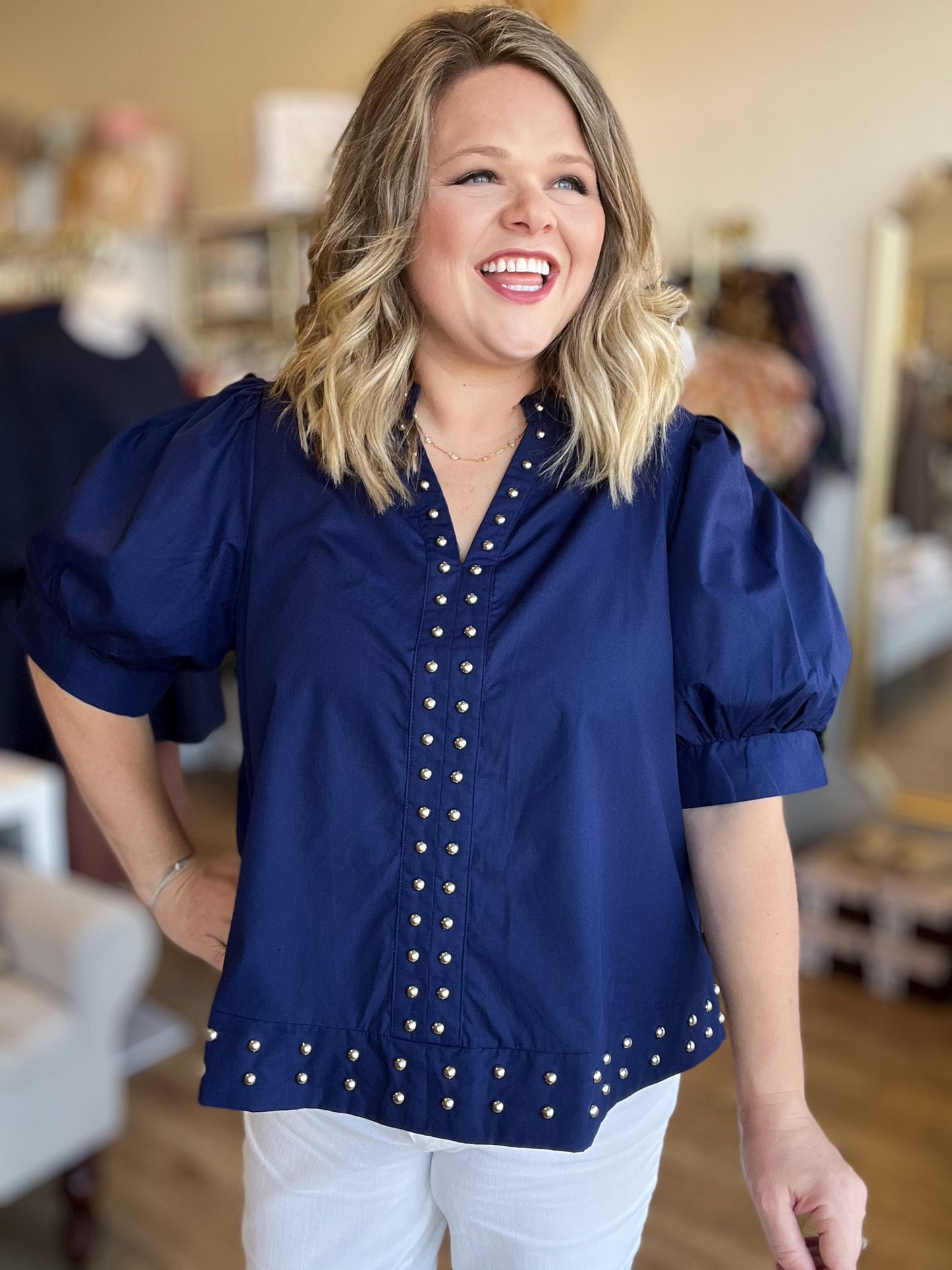 Hey there, Stud Curvy Navy Studded Shirt