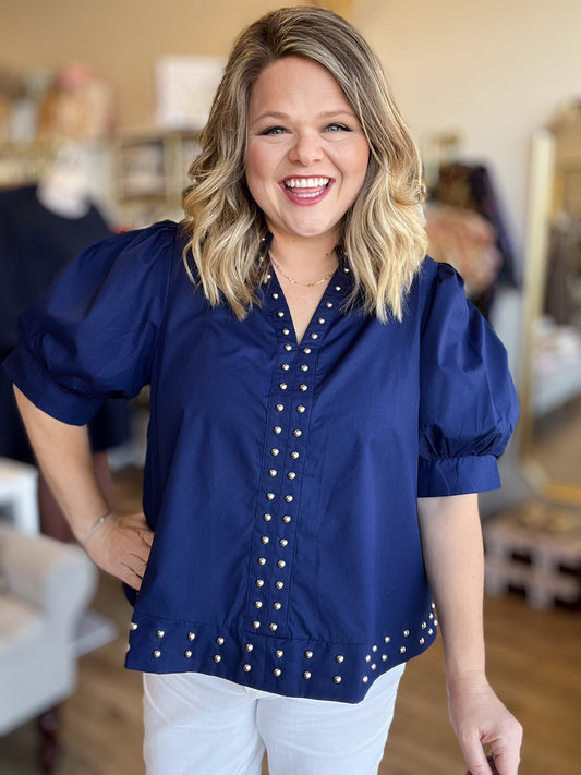 Hey there, Stud Curvy Navy Studded Shirt