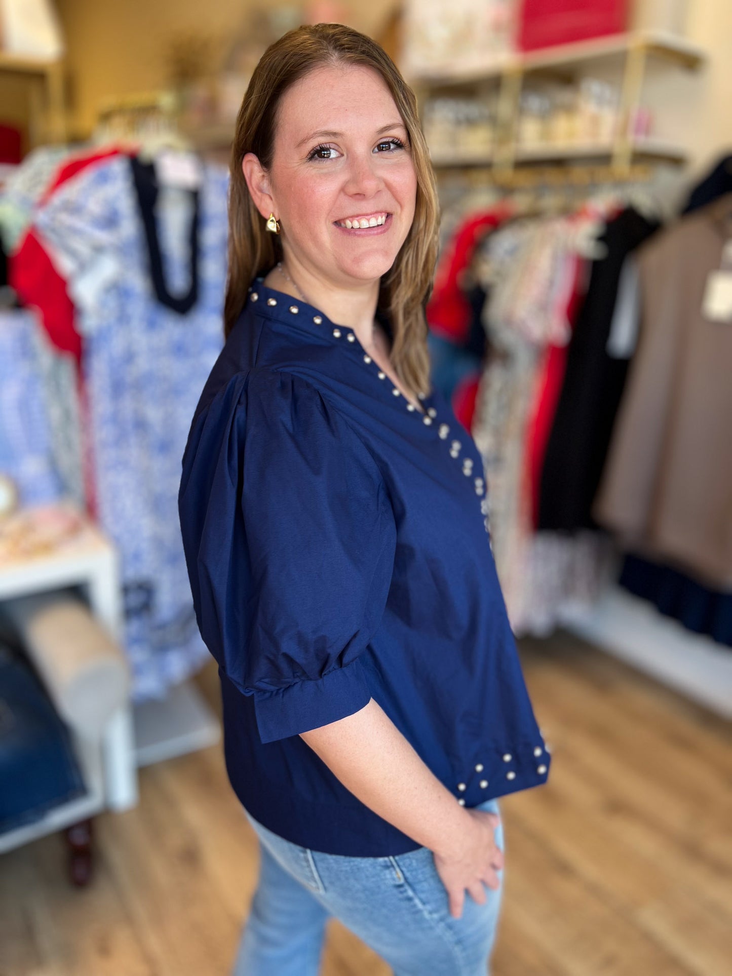 Hey there, Stud Curvy Navy Studded Shirt