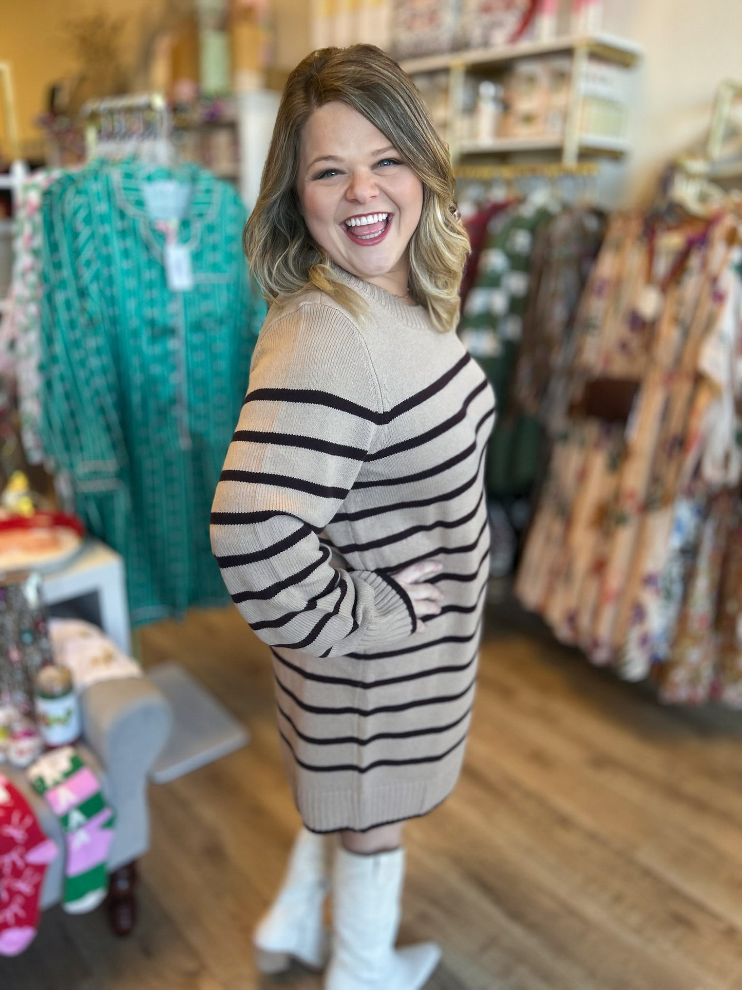 Holiday Stripe Mini Sweater Dress