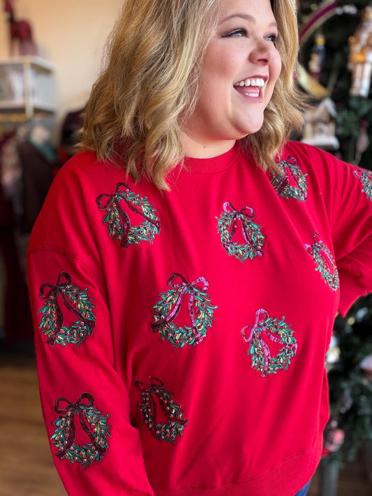 Holiday Style Curvy Cropped Beaded Wreath Sweatshirt
