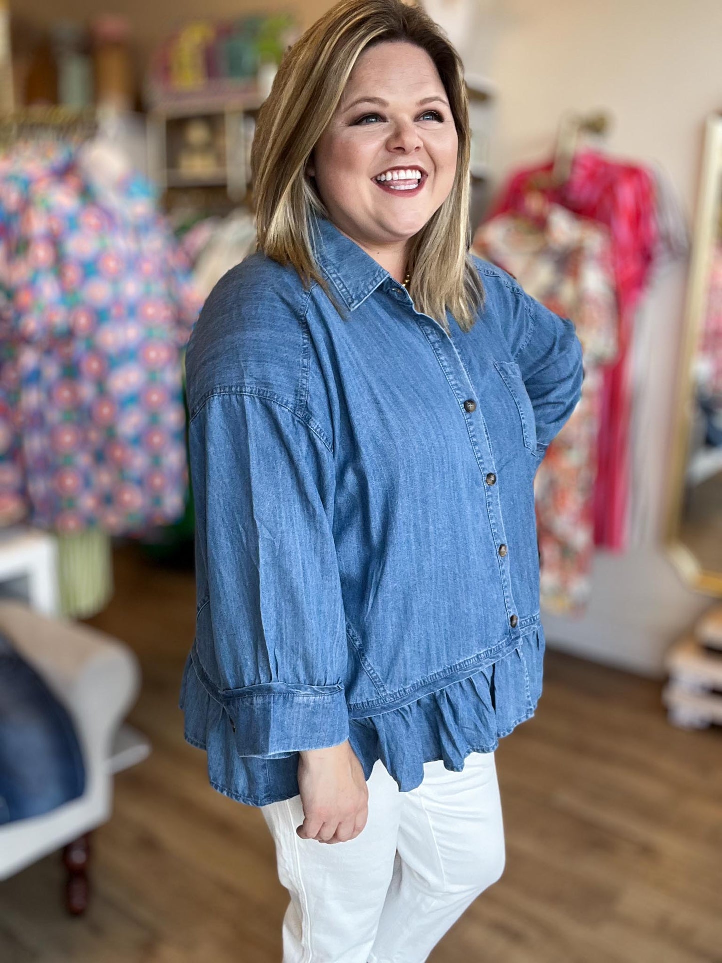 Hometown Honey Plus-Size Denim Ruffle Top