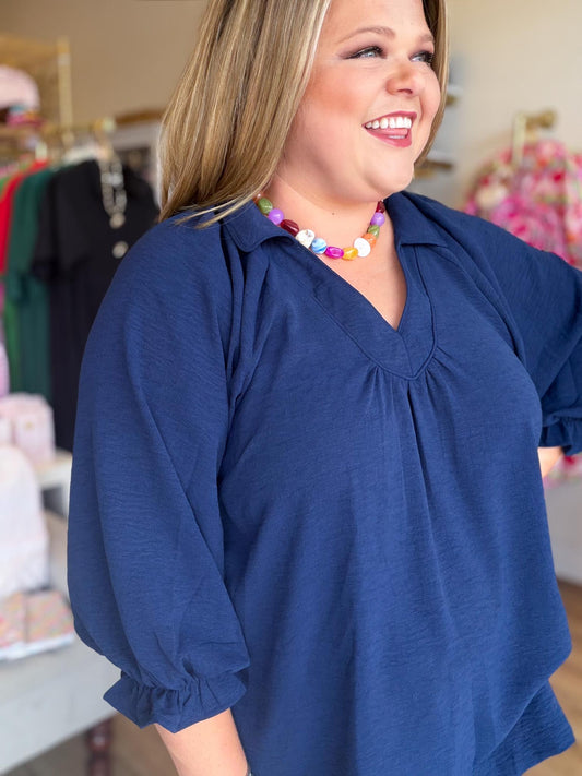 Indigo Grace Curvy Navy V-Neck Top