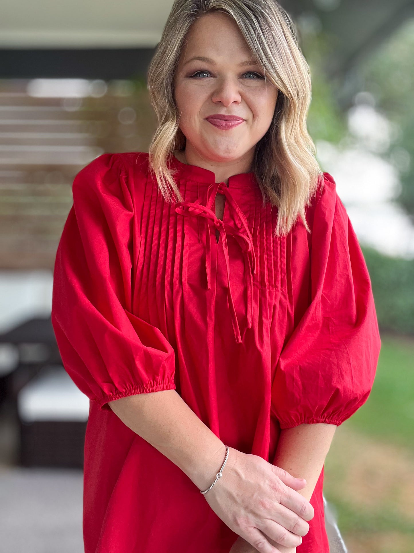 RESTOCKED! Innocent as a Rose Plus-Size Red Pleated Top