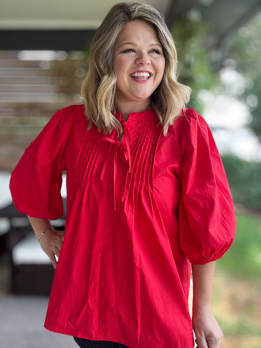 RESTOCKED! Innocent as a Rose Plus-Size Red Pleated Top