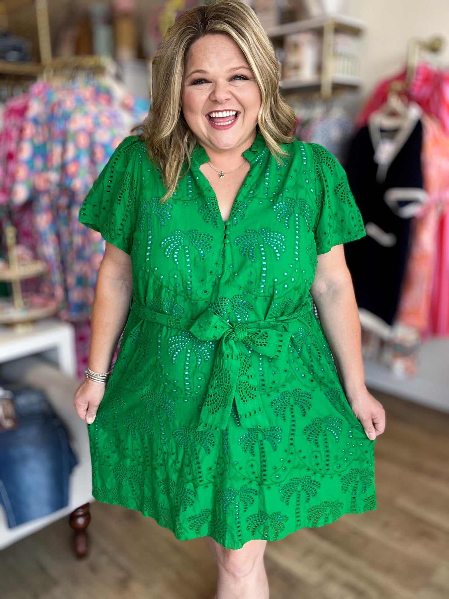 Island State of Mind Plus-Size Green Palm Eyelet Dress