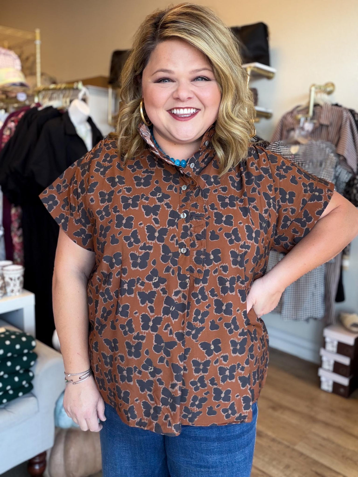It's Butterfly Season Curvy Brown Top