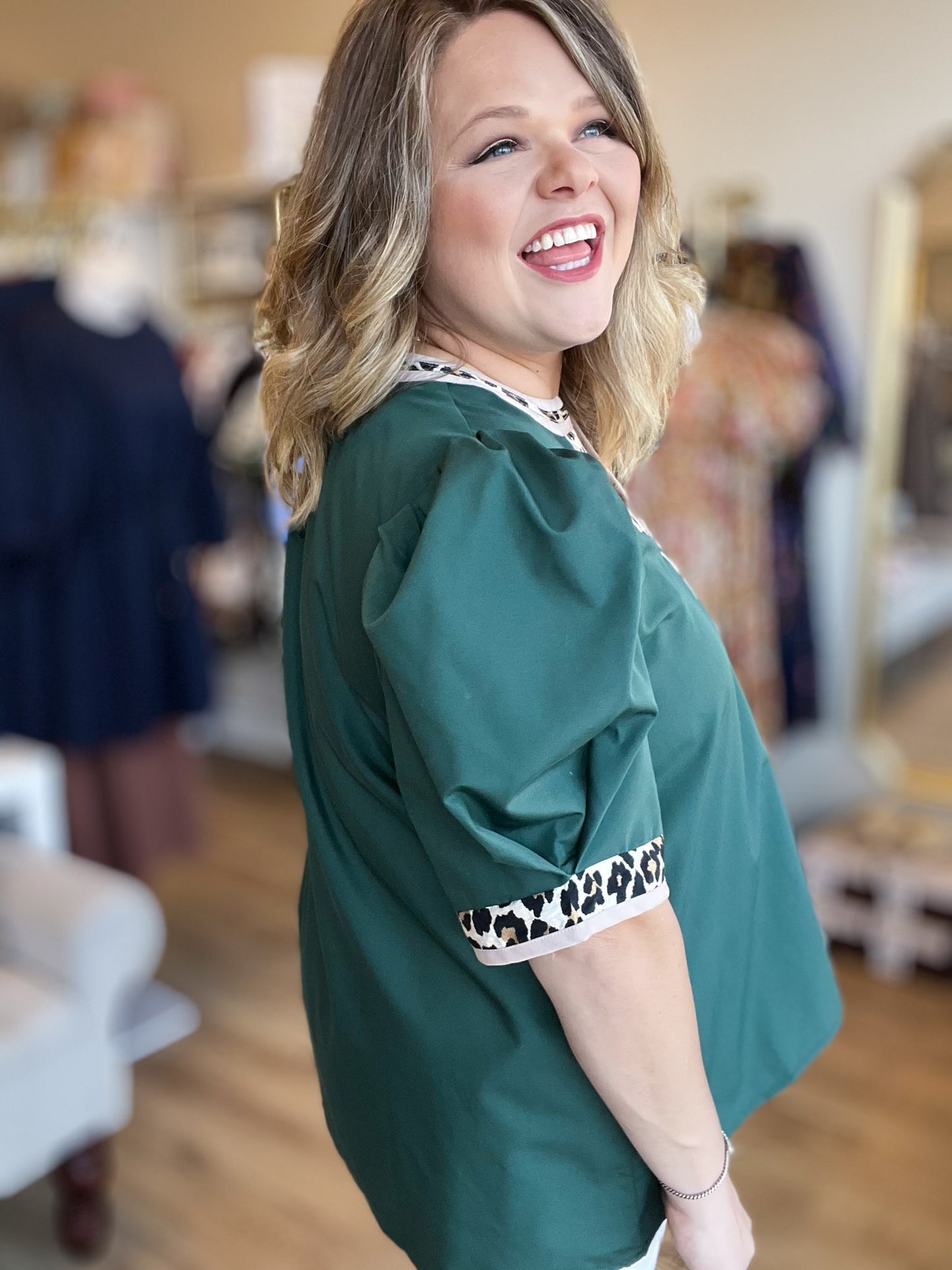 Jaded Curvy Forest Green Top with Cheetah Trim