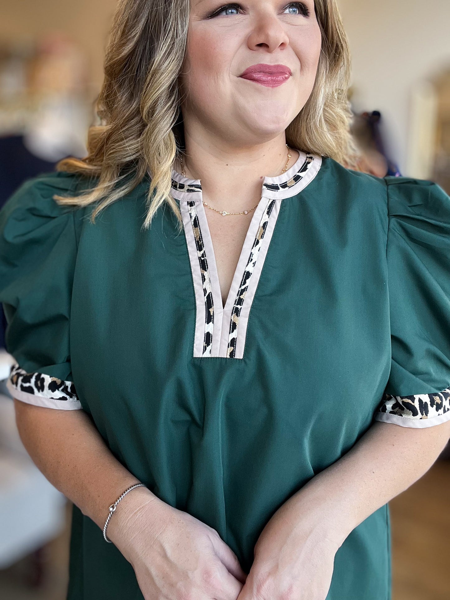Jaded Curvy Forest Green Top with Cheetah Trim