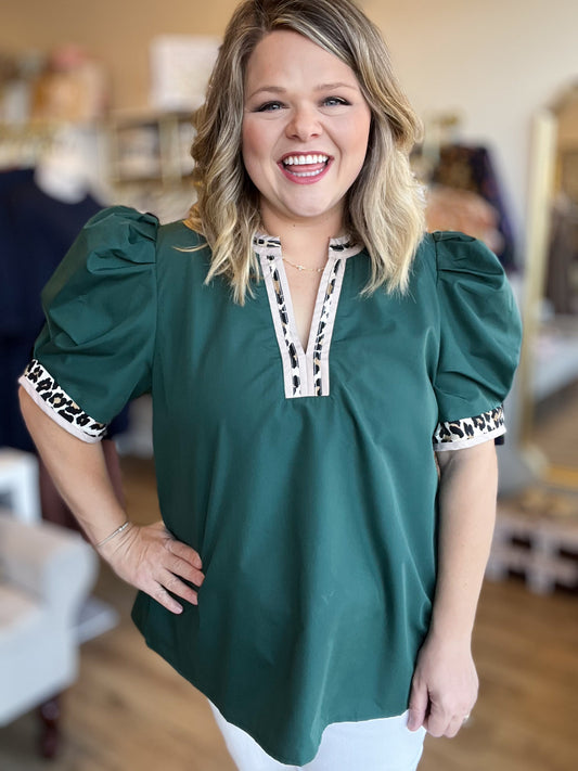 Jaded Curvy Forest Green Top with Cheetah Trim