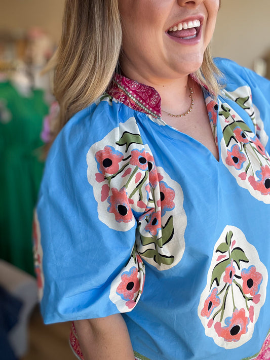 "Floral Fiesta" Curvy Bright Blue Floral Top