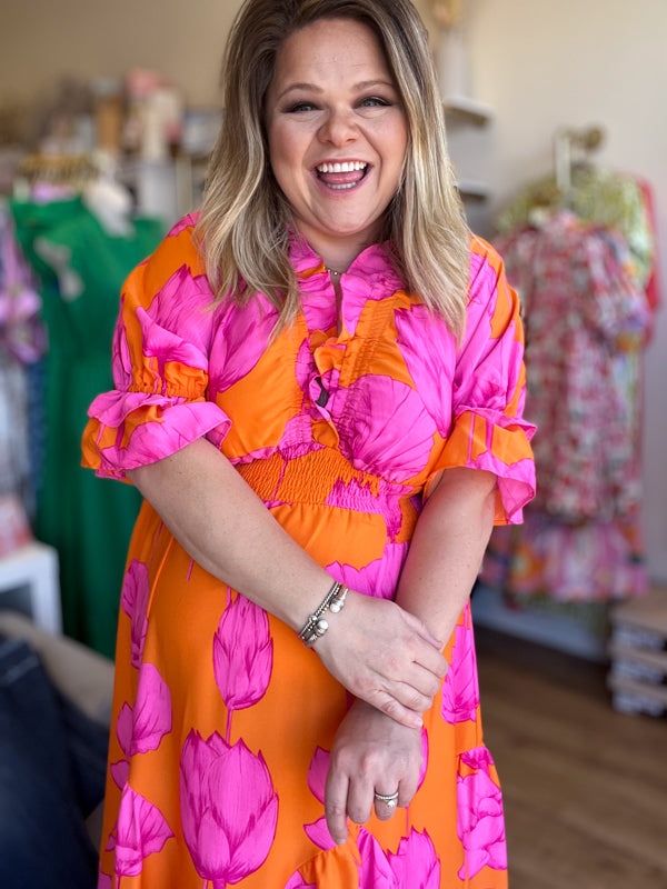 "Blooming Beauty" Curvy Orange & Pink Floral Maxi