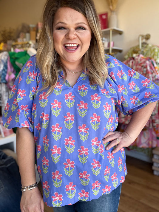 "Playful Periwinkles" Curvy Floral Top