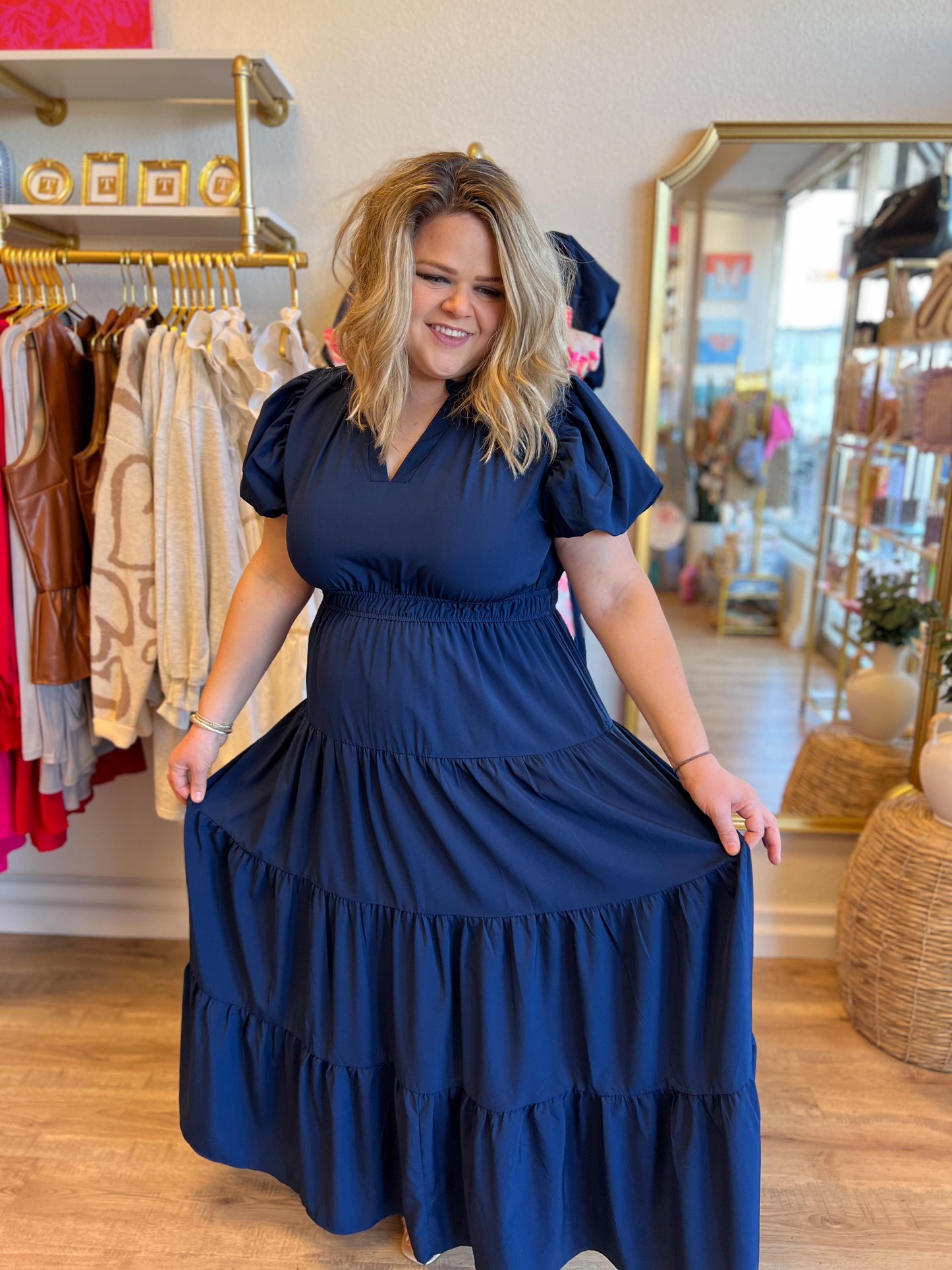“Meet Me at Midnight” Curvy Navy Tiered Maxi Dress
