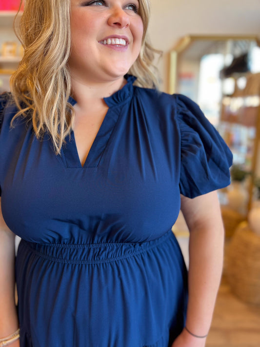 βMeet Me at Midnightβ Curvy Navy Tiered Maxi Dress
