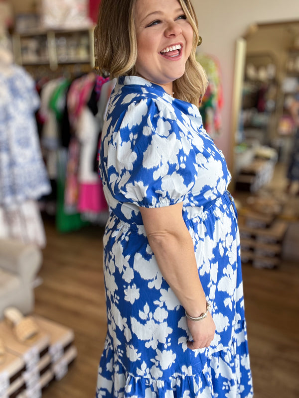 RESTOCKED! "Blissfully Blue" Plus-Size Floral Midi Dress