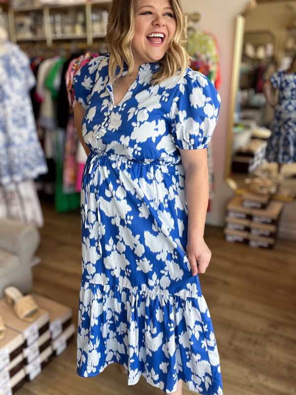 RESTOCKED! "Blissfully Blue" Plus-Size Floral Midi Dress