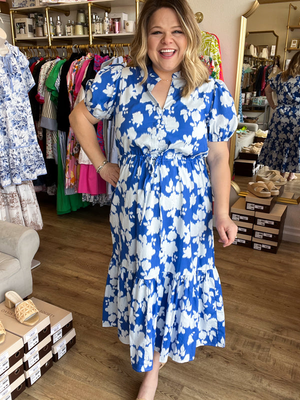 RESTOCKED! "Blissfully Blue" Plus-Size Floral Midi Dress